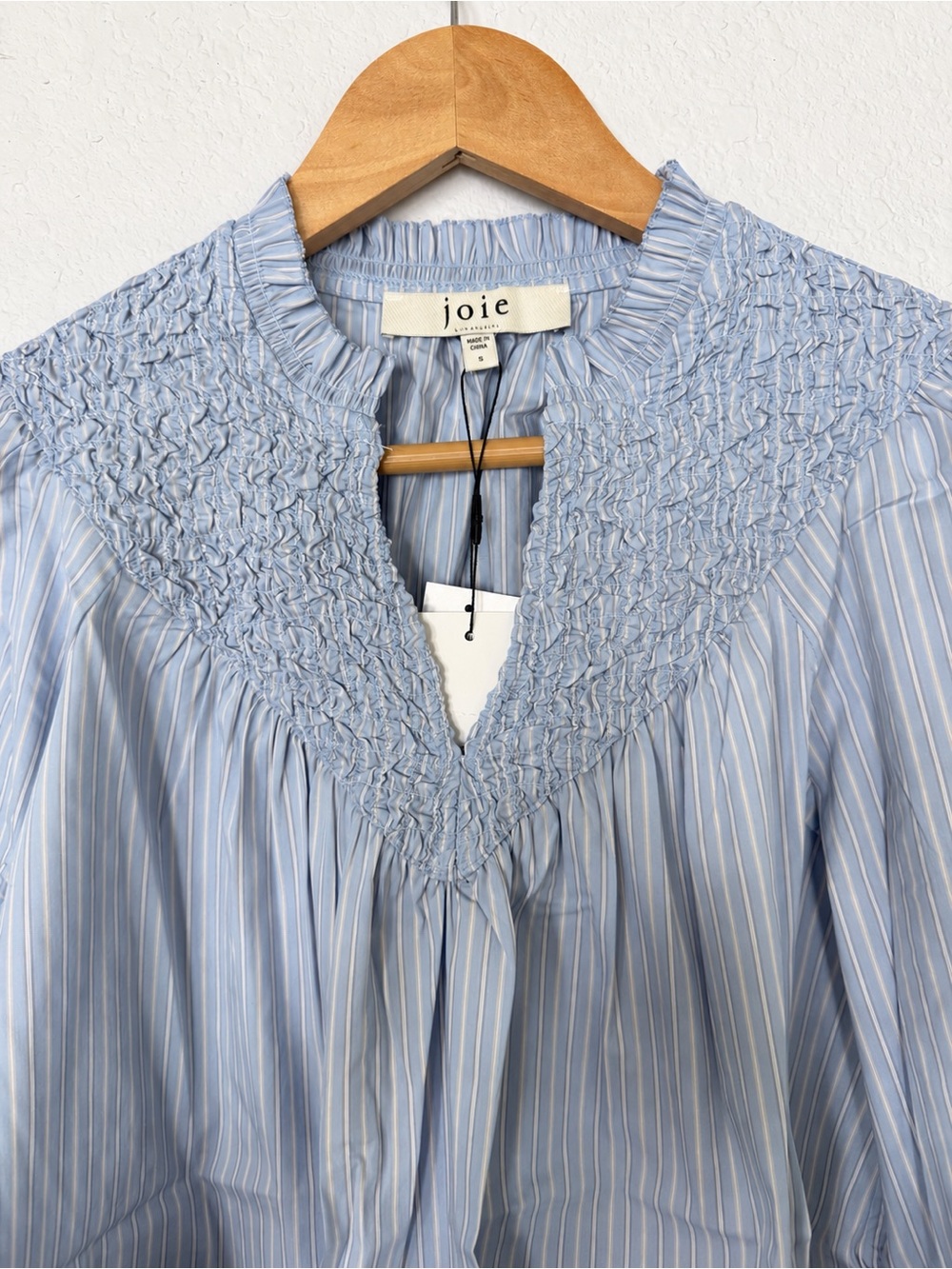 NWT Joie Blue Pinstripe Smocked V-Neck Blouse - Picture 4 of 6